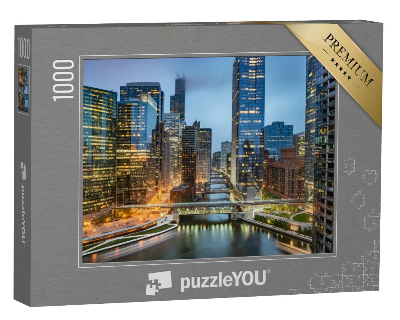 Puzzle 1000 Teile „Skyline von Chicago, aufgenommen am Wolf Point an einem bewölkten Abend“