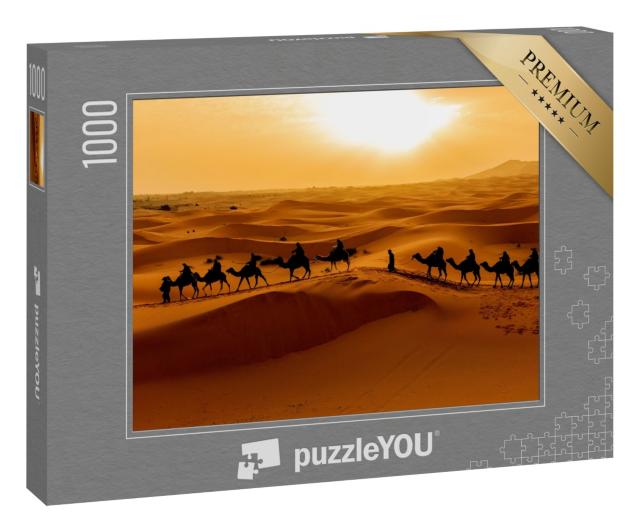 Puzzle 1000 Teile „Kamelkarawane: Touristen erkunden die Wüste Sahara, Marokko“