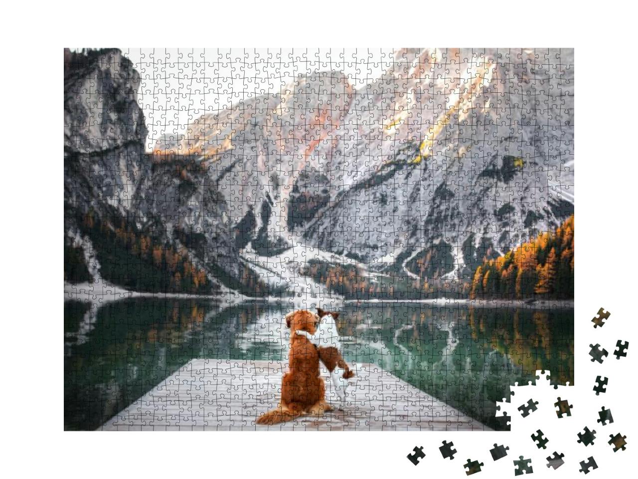Puzzle 1000 Teile „Zwei Hunde stehen auf einem Holzsteg, Bergsee, Prag“