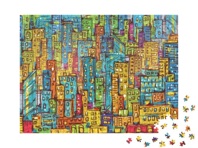 Puzzle 1000 Teile „Vektor-Illustration: Ein buntes Stadtbild“