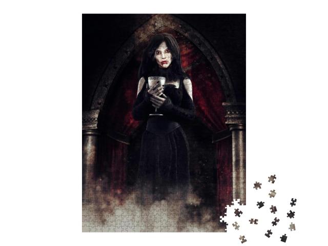 Puzzle 1000 Teile „Gothic-Szene: Vampirmädchen mit altem Kelch“