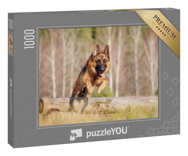Puzzle 1000 Teile „Deutscher Schäferhund springt über einen Baumstamm“