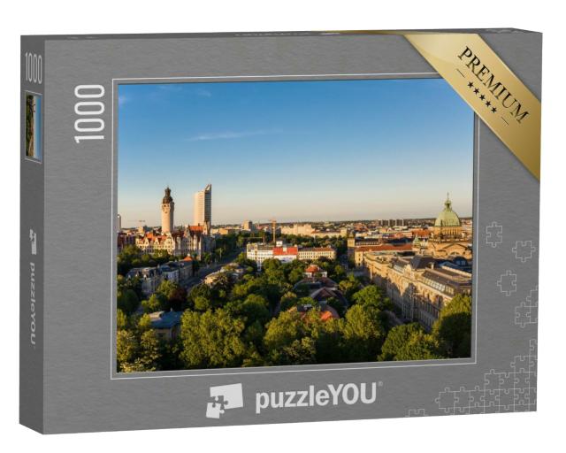 Puzzle 1000 Teile „Skyline von Leipzig mit Rathaus bei Sonnenuntergang, Deutschland“
