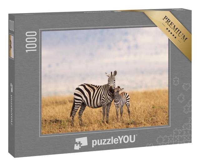Puzzle 1000 Teile „Burchell- oder Steppenzebra in Tansania: Mutter mit Jungtier“