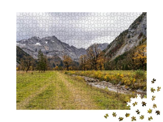 Puzzle 1000 Teile „Ahornbäume am Ahornboden im Herbst, Karwendelgebirge, Österreich“