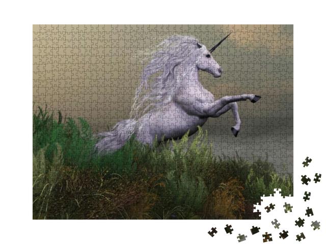 Puzzle 1000 Teile „Ein weißer Einhornhengst erhebt sich mit Macht und Majestät“