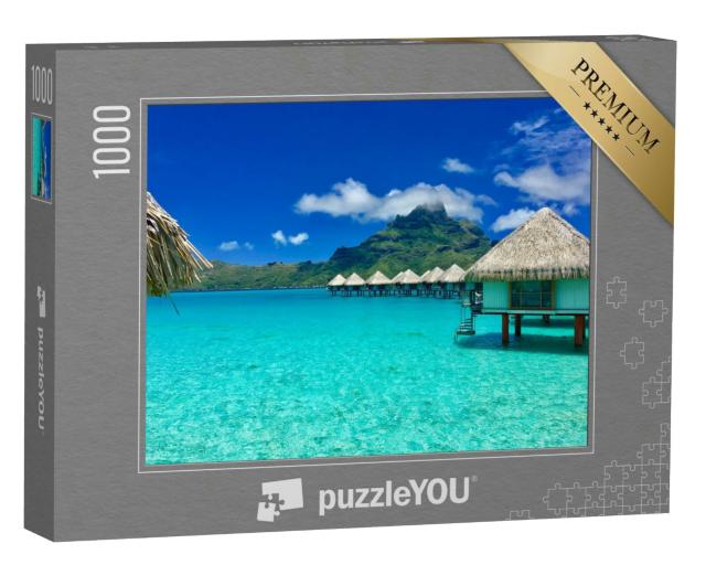 Puzzle 1000 Teile „Überwasser-Bungalows eines Luxus-Resorts, Bora Bora, Tahiti, Französisch-Polynesien“