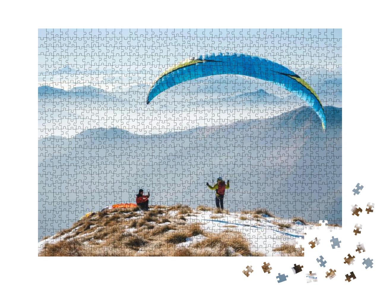 Puzzle 1000 Teile „Kurz vor dem Start: Gleitschirmfliegen in den Bergen“