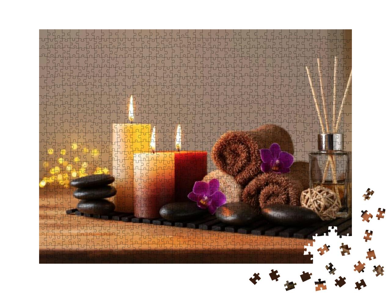 Puzzle 1000 Teile „Schönheitsbehandlung und Wellness: Massagestein, Orchideenblüten, Handtücher“