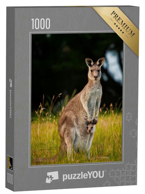 Puzzle 1000 Teile „Känguru-Mutter neugierigem Jungtier im Beutel“