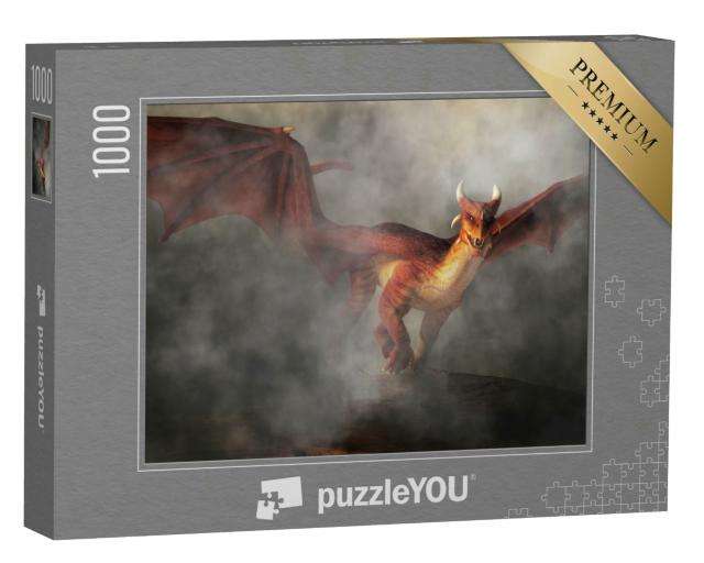 Puzzle 1000 Teile „3D-Illustration: ein roter Drache taucht aus Nebel und Rauch auf“