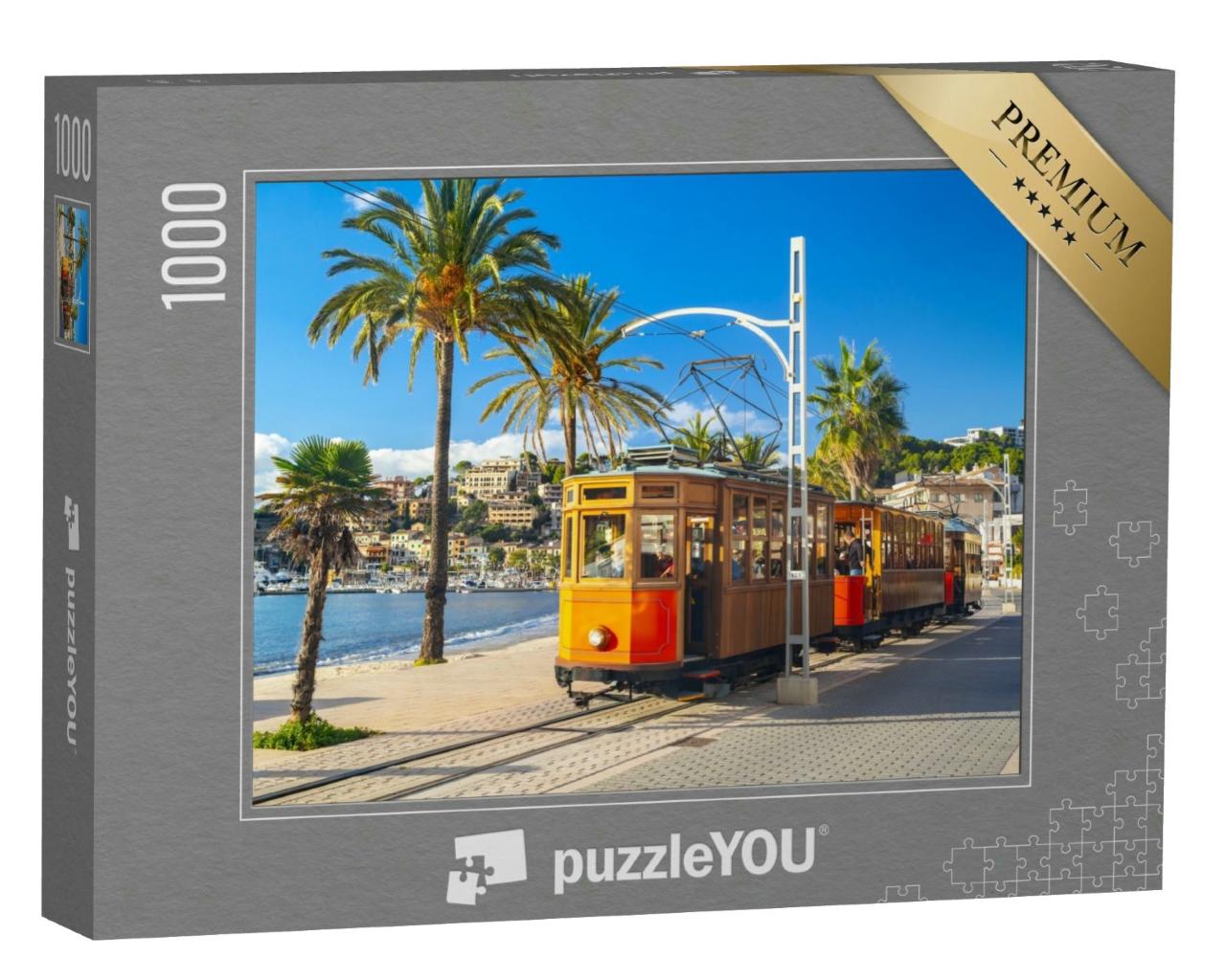 Puzzle 1000 Teile „Berühmte orangene Straßenbahn fährt von Soller nach Port de Soller, Mallorca, Spanien“