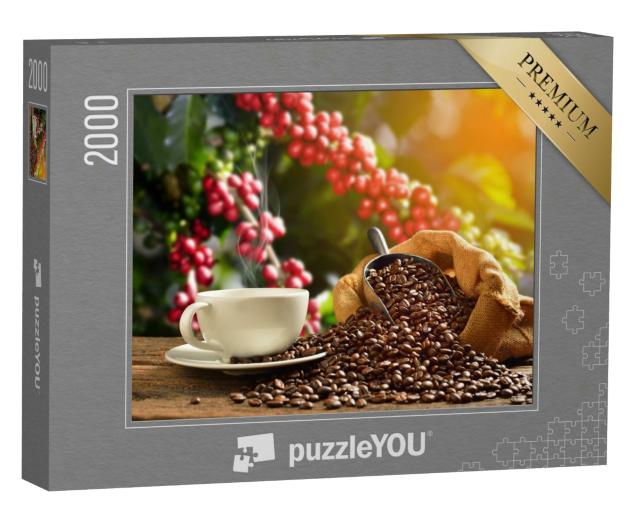 Puzzle 2000 Teile „Dampfende Tasse Kaffee mit Kaffeebohnen“