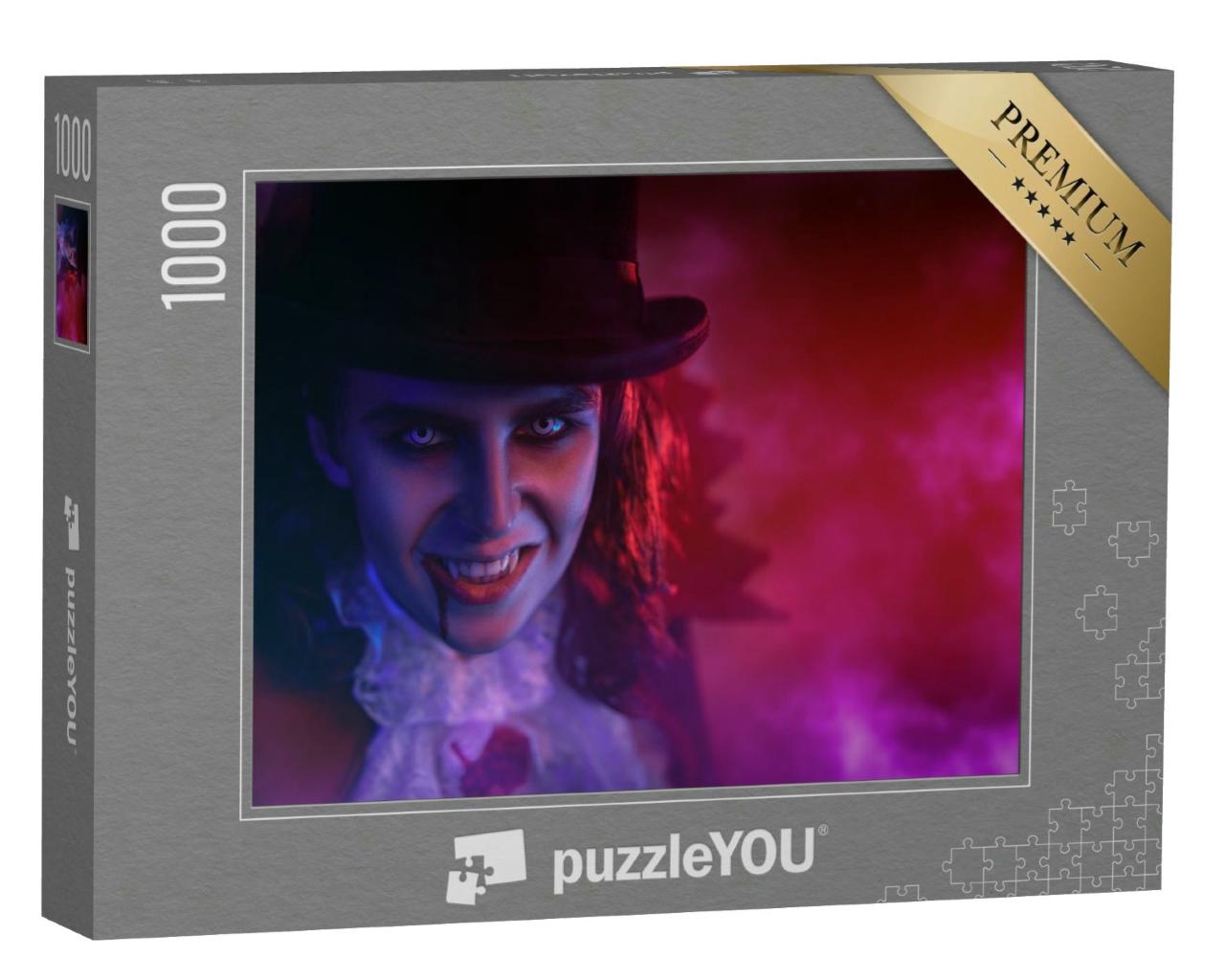 Puzzle 1000 Teile „Porträt eines heimtückischen Vampirs mit Zylinder, Halloween“