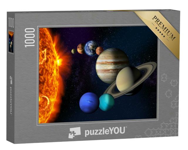 Puzzle 1000 Teile „Sonne und die Planeten unseres Sonnensystems vor einem sternenklaren Hintergrund“
