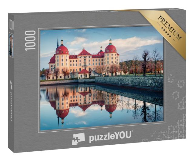 Puzzle 1000 Teile „Prächtige Morgenansicht des Barockschlosses Moritzburg, umgeben von einem See“