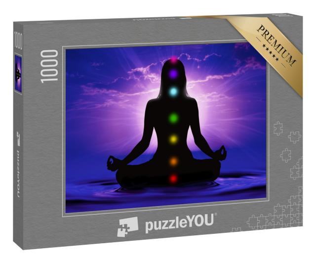 Puzzle 1000 Teile „Silhouette einer Frau, die Yoga macht und sieben Chakrapunkte erreicht hat“