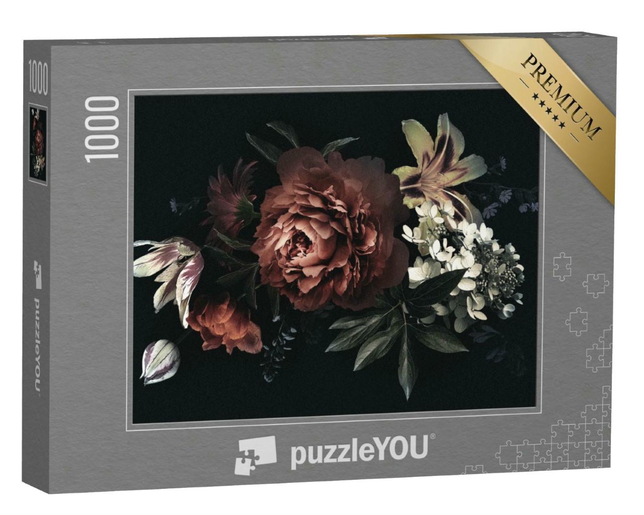 Puzzle 1000 Teile „Vintage-Karte mit Pfingstrosen, Tulpen, Lilie, Hortensie auf schwarzem Hintergrund“