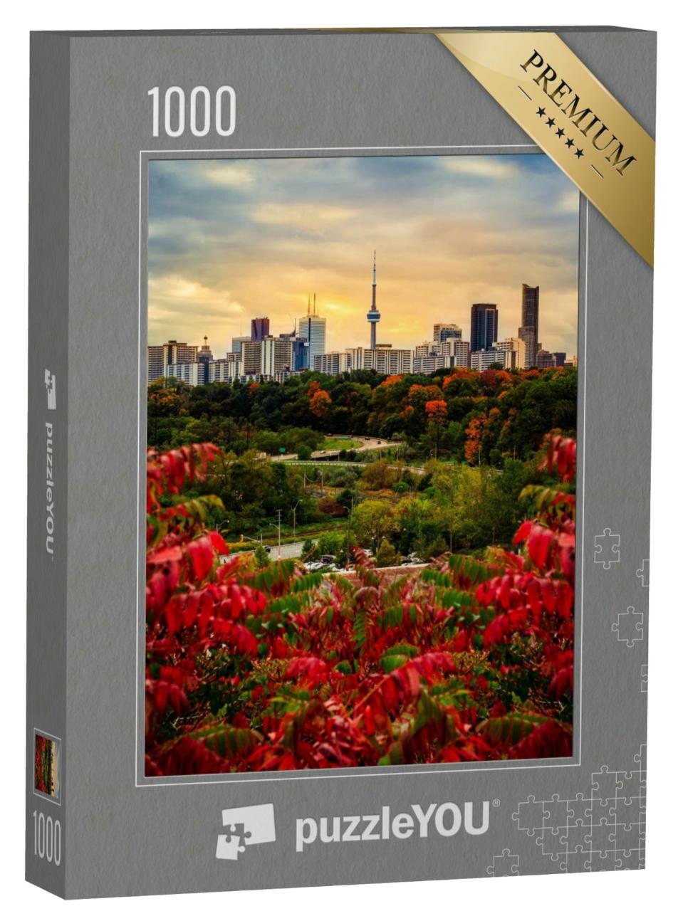 Puzzle 1000 Teile „Schöne Sonnenuntergangsszene von Toronto im Herbst mit bunten Bäumen“