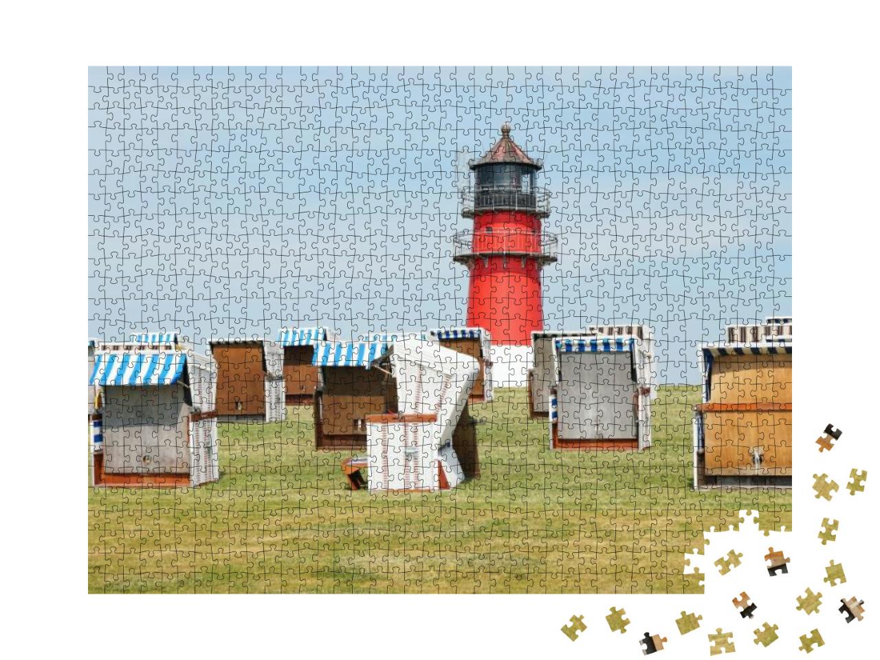 Puzzle 1000 Teile „Strandkörbe und Leuchtturm in Büsum, Deutschland“