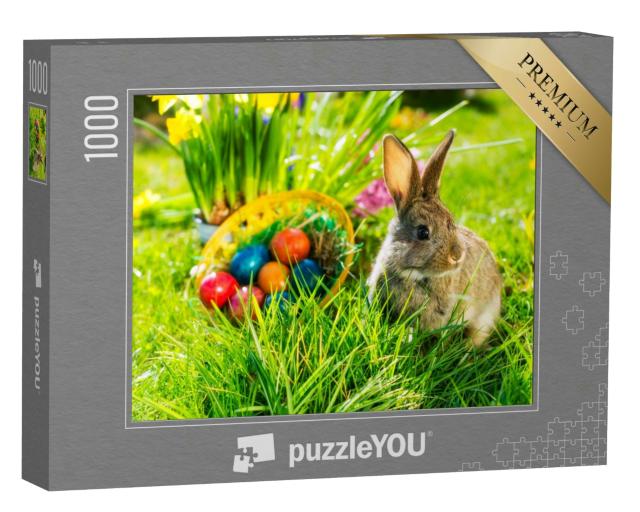 Puzzle 1000 Teile „Süßer Osterhase mit Ostereiern auf einer Frühlingswiese“