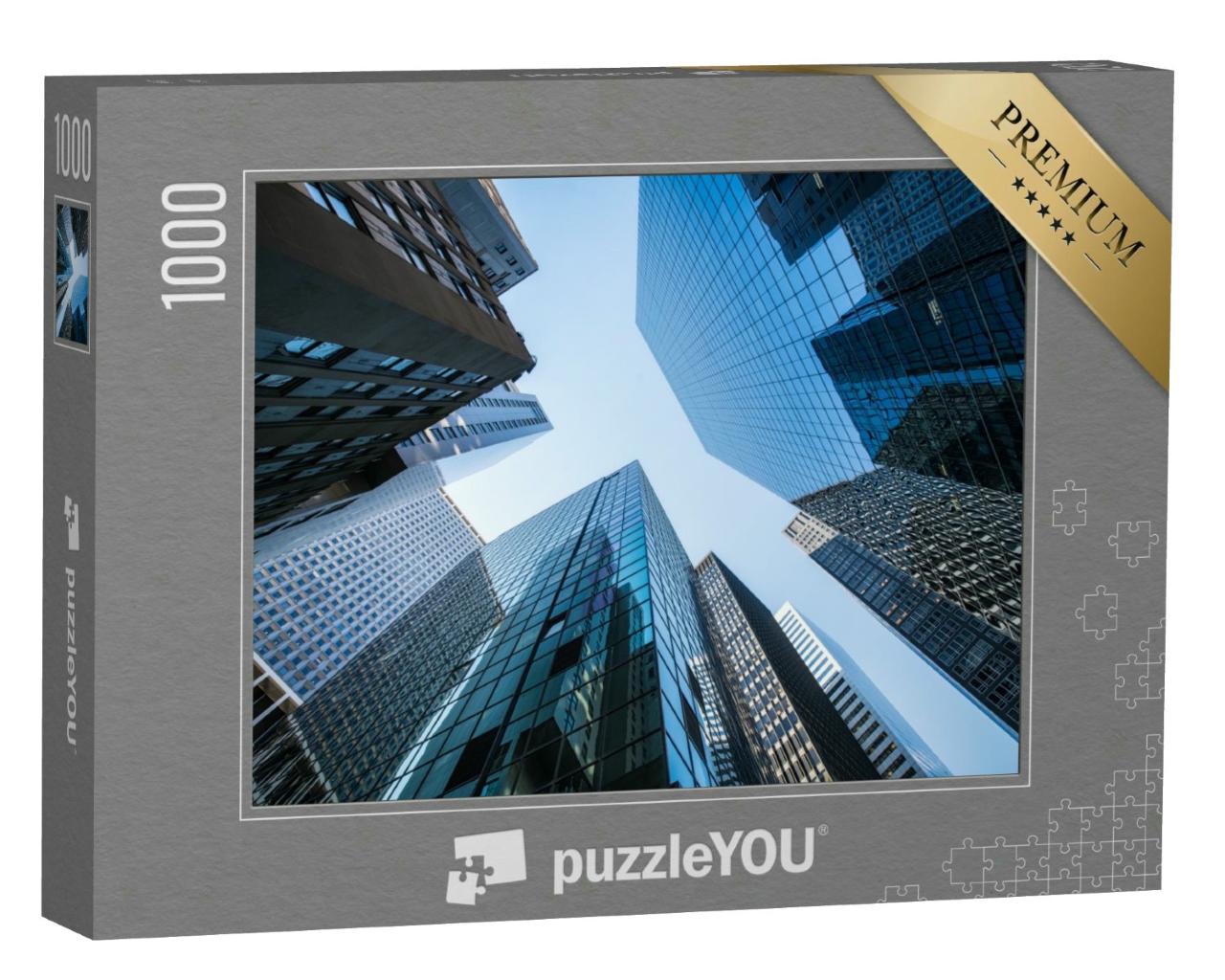 Puzzle 1000 Teile „Moderne Bürogebäude im Finanzdistrikt aus der Froschperspektive“