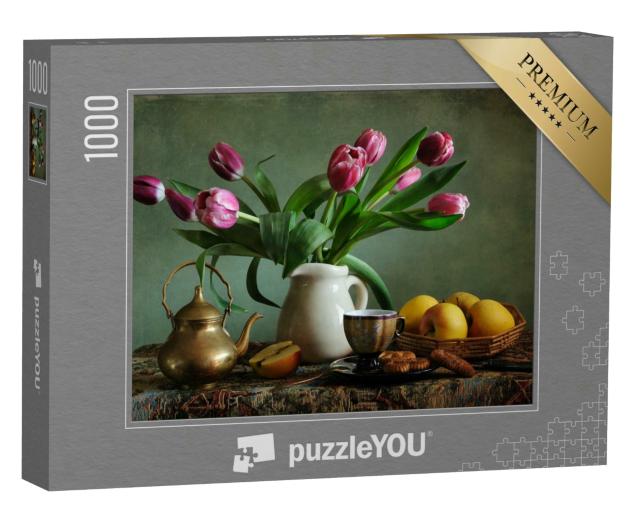 Puzzle 1000 Teile „Teezeit: Stillleben mit rosa Tulpen und Äpfeln“