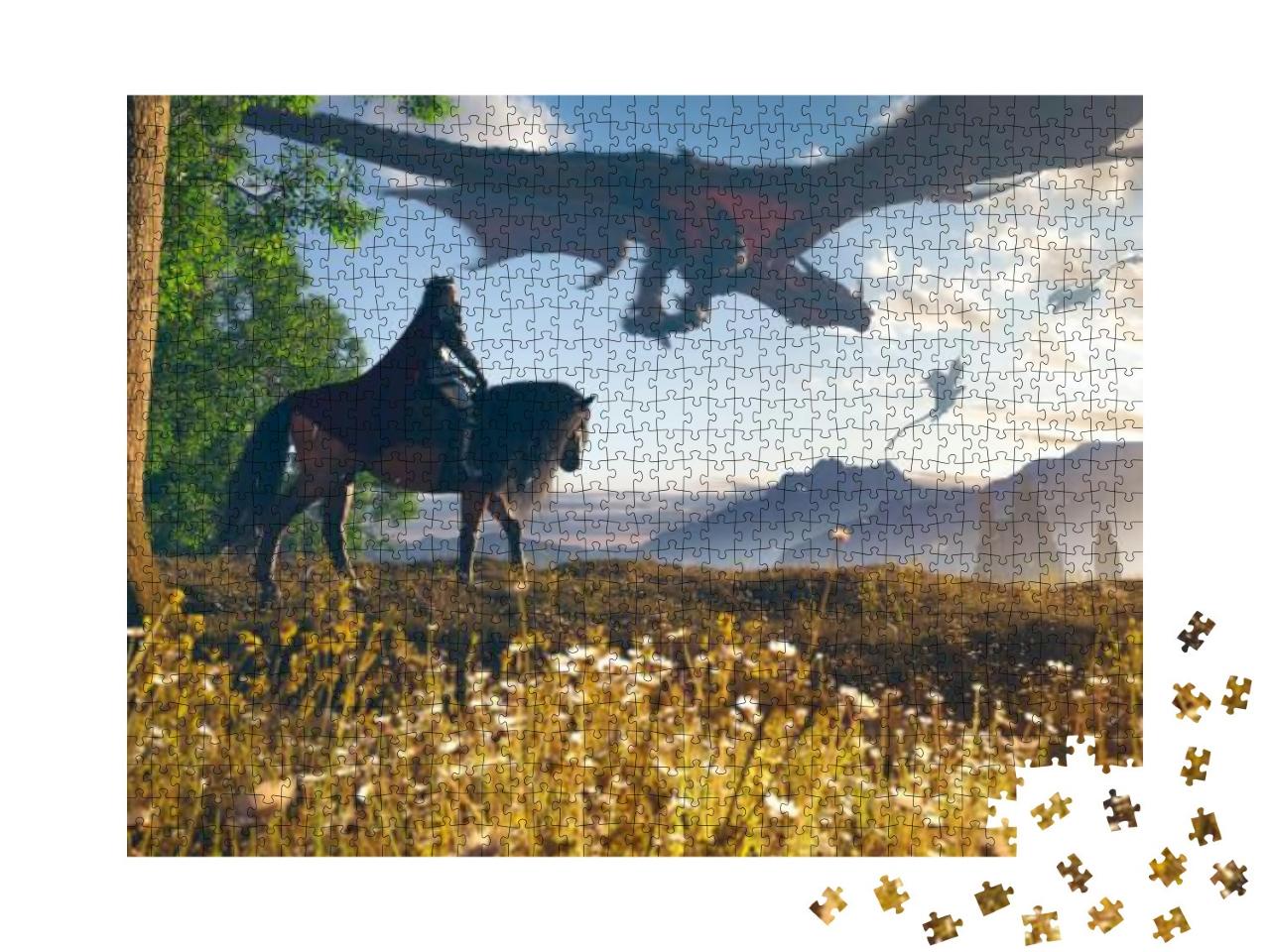 Puzzle 1000 Teile „Digitale Kunst: Der König und seine Drachen kehren heim“
