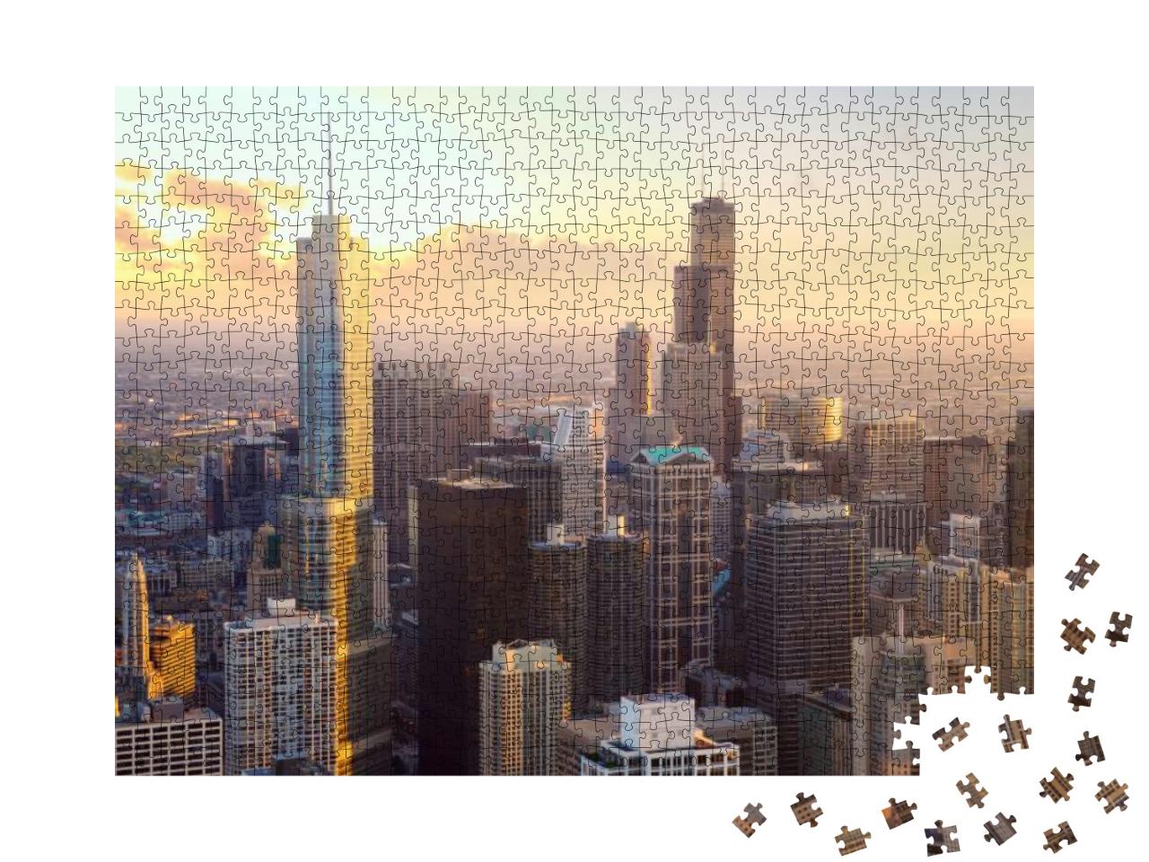 Puzzle 1000 Teile „Chicago: Wolkenkratzer bei Sonnenuntergang, USA“
