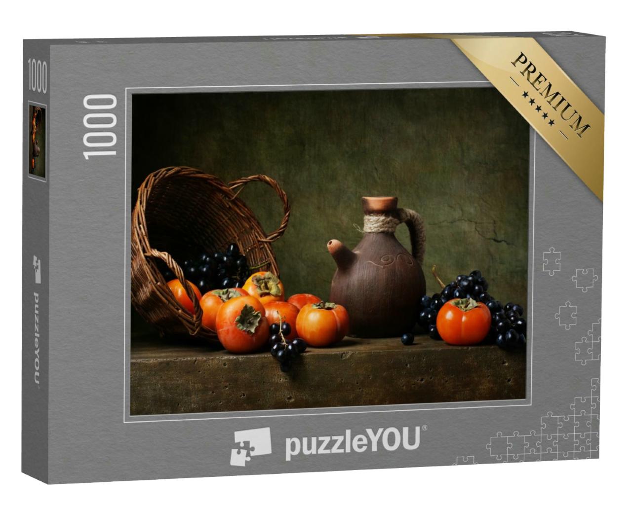 Puzzle 1000 Teile „Stillleben mit Kakis und Weintrauben auf dem Tisch“