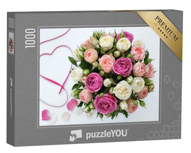 Puzzle 1000 Teile „Rosenstrauß auf weißem Hintergrund, Geburtstag“
