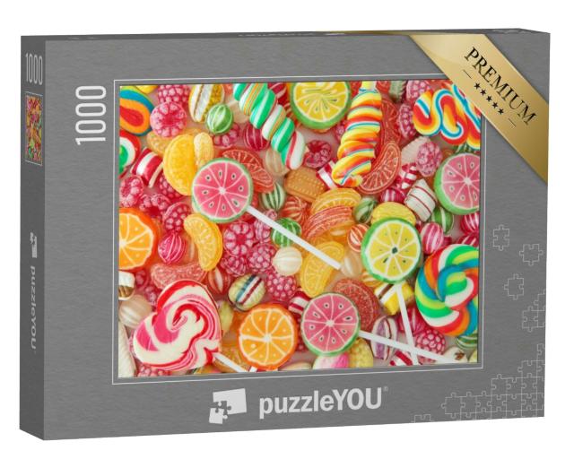 Puzzle 1000 Teile „Bunt gemischte Fruchtbonbons und Lollis, Nahaufnahme“