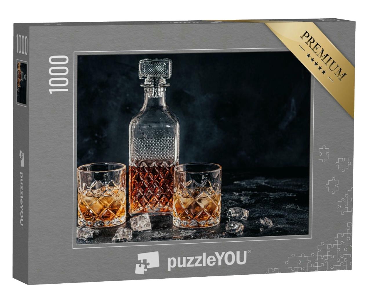 Puzzle 1000 Teile „Whiskey-Gläser mit einem quadratischen Dekanter auf einem schwarzen Stein-Hintergrund“