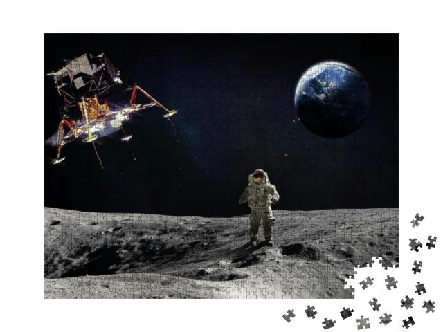 Puzzle 1000 Teile „Mondoberfläche mit Astronaut und landendem Raumschiff“