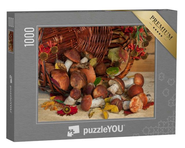 Puzzle 1000 Teile „Stillleben mit einem Korb voller Pilze und Wildblumen, rustikaler Stil“