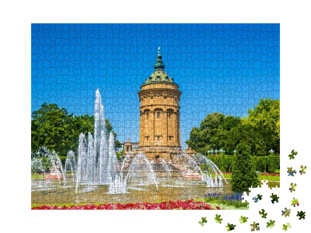 Puzzle 1000 Teile „Springbrunnen und Wasserturm auf dem Friedrichsplatz, Mannheim“