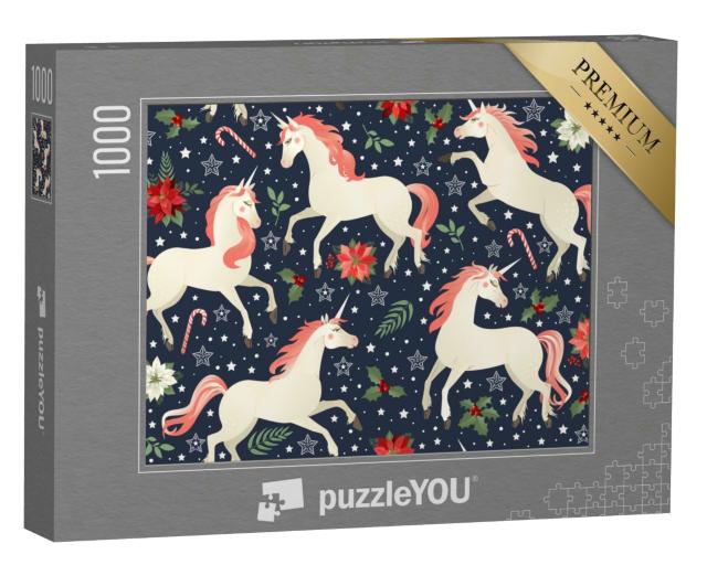 Puzzle 1000 Teile „Einhörner auf weihnachtlichem floralem Hintergrund“