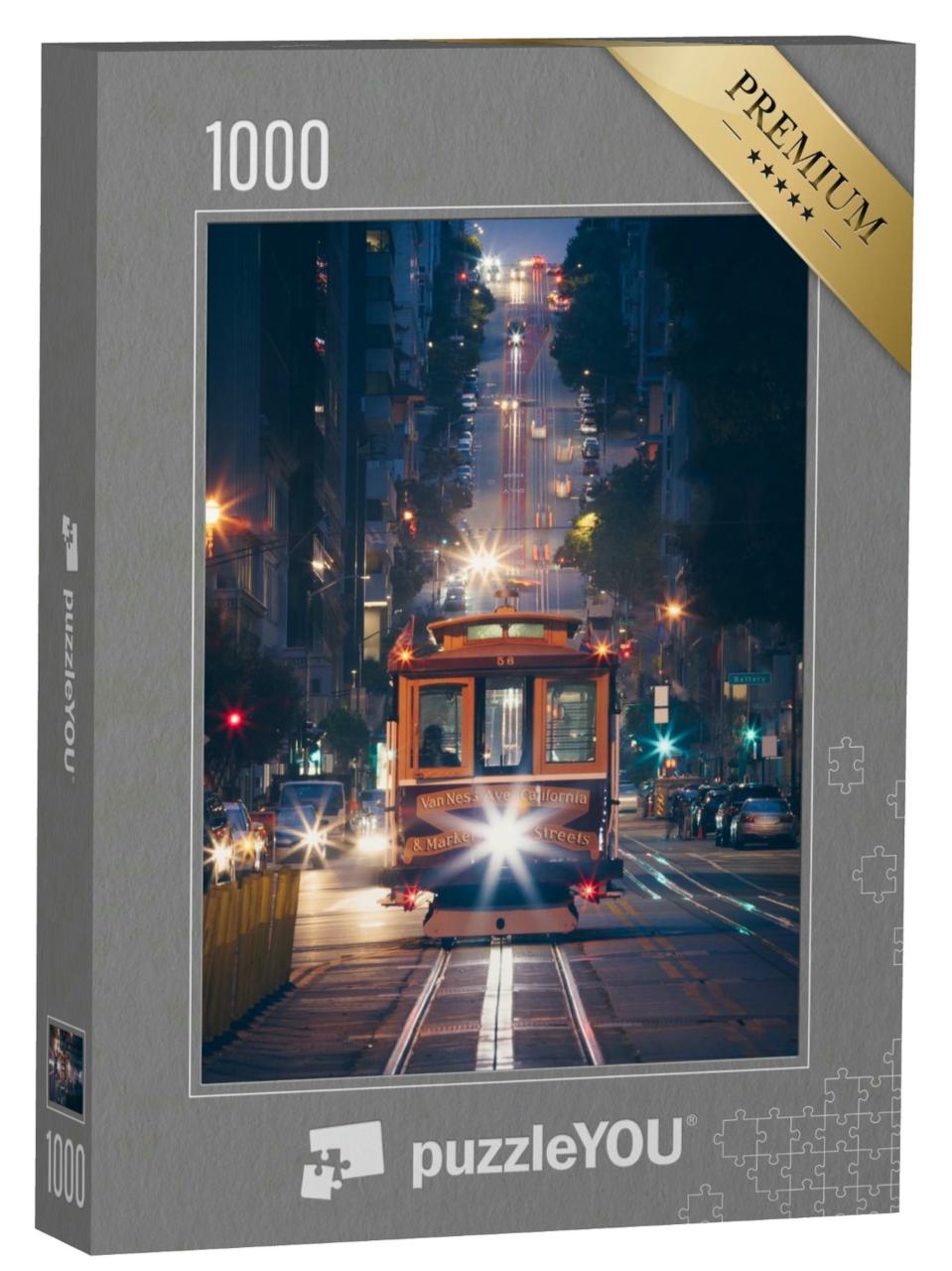 Puzzle 1000 Teile „Historische Cable Cars auf der berühmten California Street bei Nacht, San Francisco“