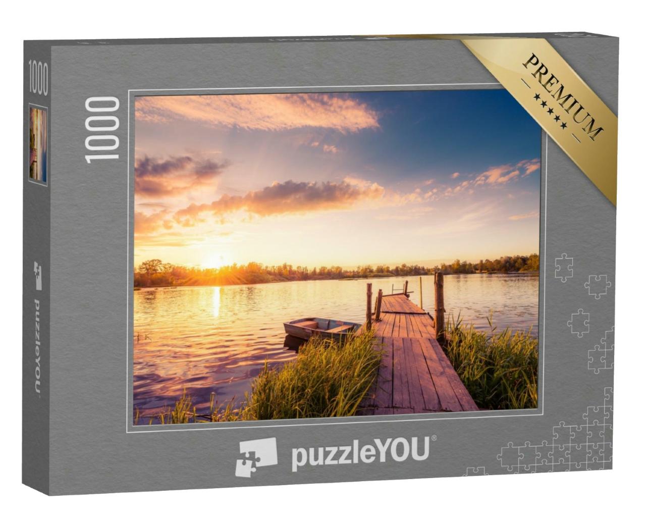 Puzzle 1000 Teile „Sonnenuntergang über dem See mit seinem alten Holzsteg“