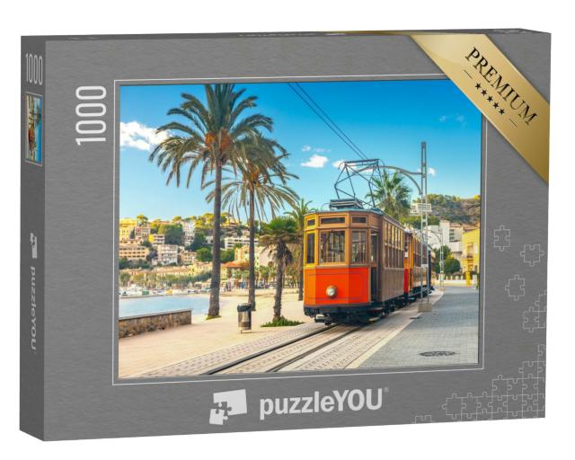 Puzzle 1000 Teile „Berühmte orangefarbene Straßenbahn, von Soller nach Port de Soller, Mallorca, Spanien“