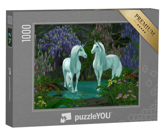 Puzzle 1000 Teile „Zwei Einhörner am Bach mit Waldblumen, Illustration“