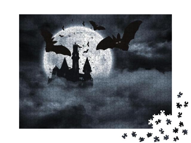 Puzzle 1000 Teile „Digital erzeugte Fledermäuse, die bei Vollmond von Draculas Schloss fliegen“