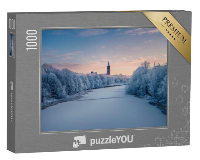 Puzzle 1000 Teile „Wunderschöne Winterlandschaft am gefrorenen Aurajoki Fluss, Turku, Finnland“