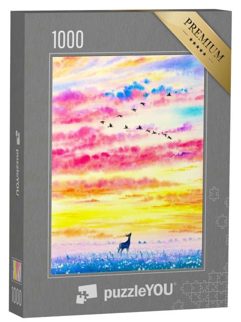 Puzzle 1000 Teile „Aquarellmalerei: Hirsch in glühendem Sonnenuntergang“