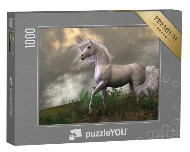 Puzzle 1000 Teile „Wolken und Nebel umgeben einen schönen Einhornhengst mit weißem Fell“