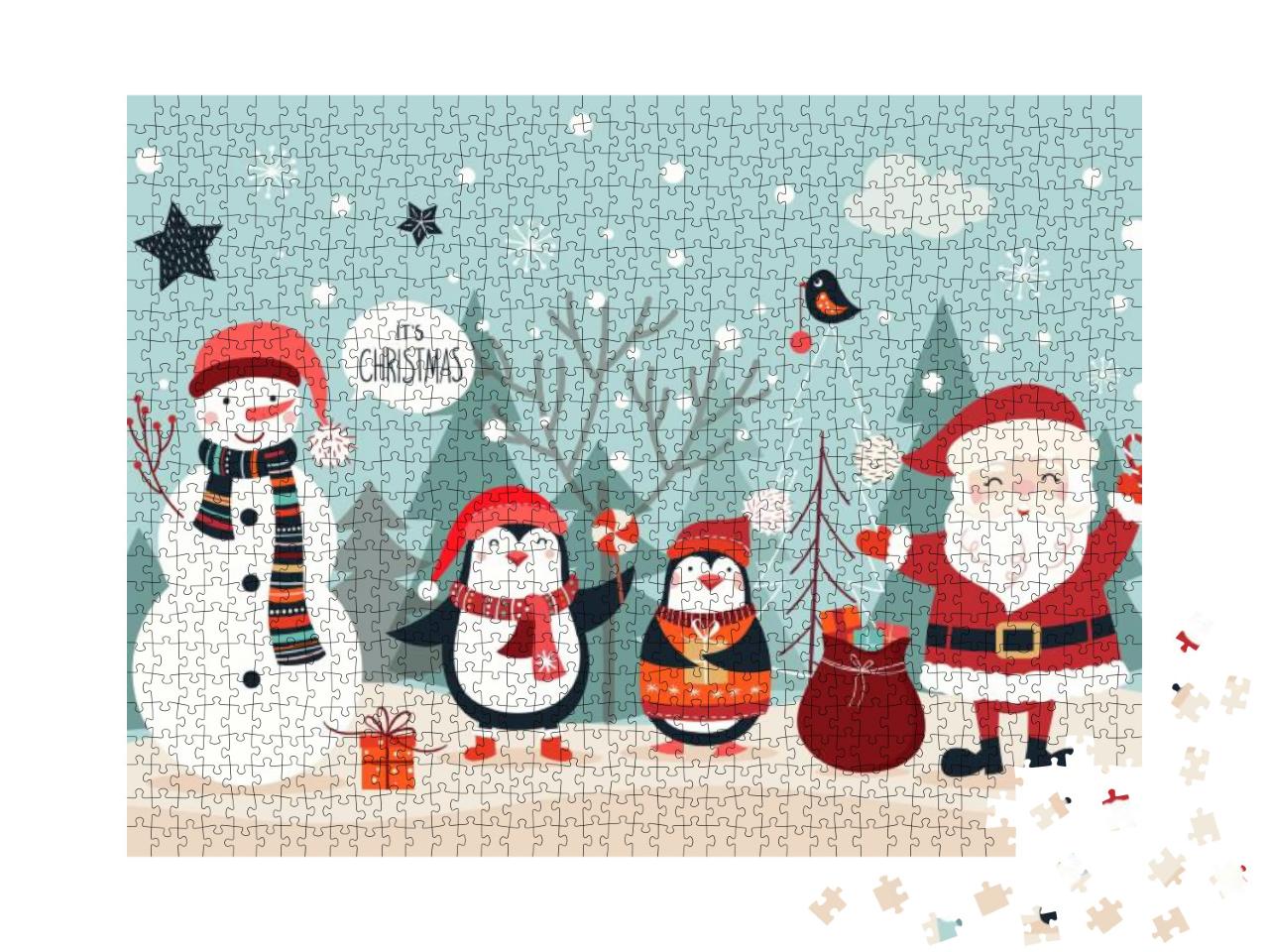 Puzzle 1000 Teile „Weihnachtskarte mit lustigen Figuren vor winterlichem Hintergrund“