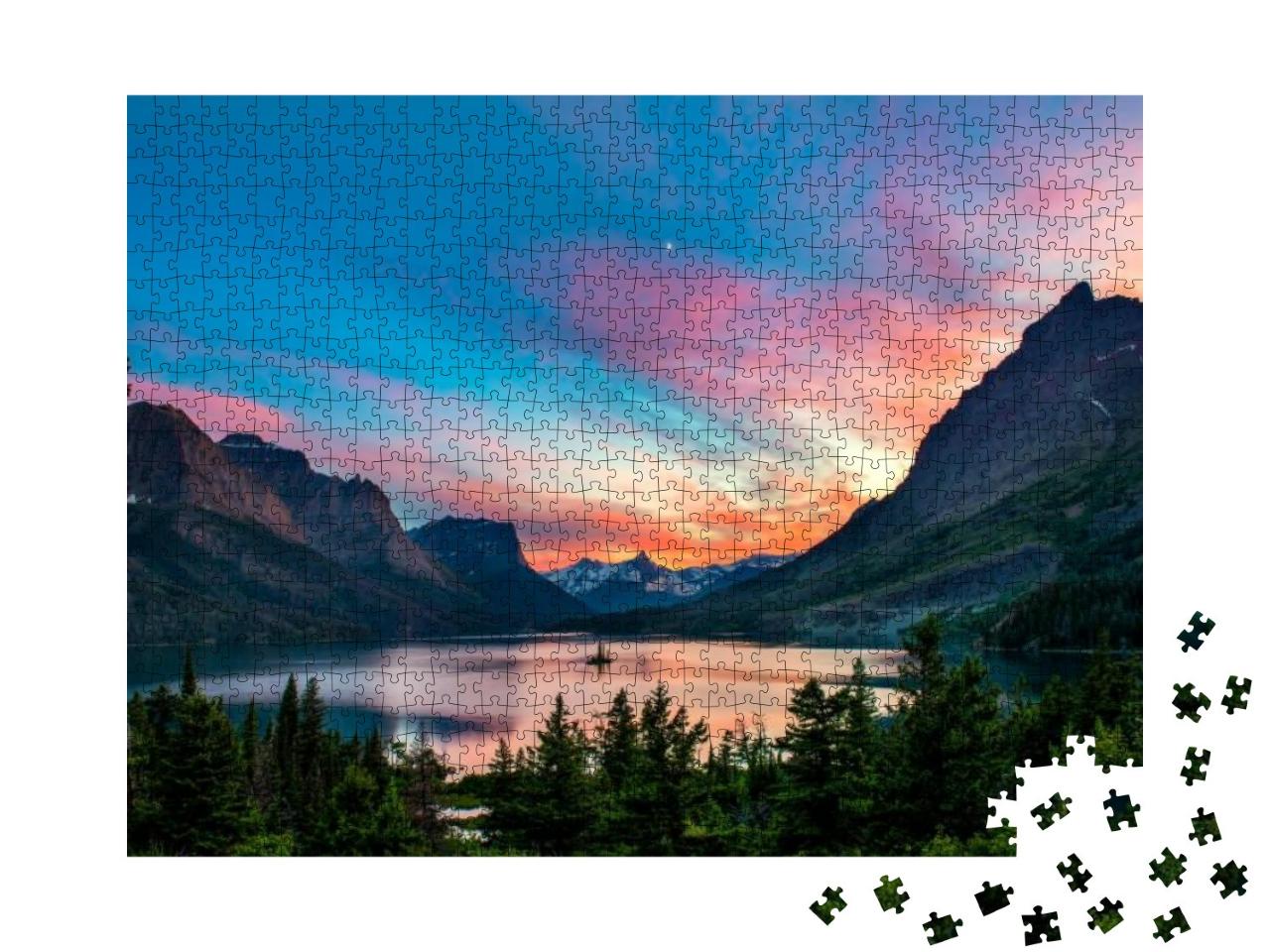 Puzzle 1000 Teile „Schöner farbenfroher Sonnenuntergang über dem St. Mary Lake“