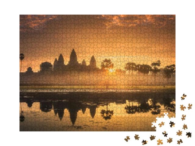 Puzzle 1000 Teile „Touristenattraktion Tempelkomplex Angkor Wat, See Siem Reap, Kambodscha“