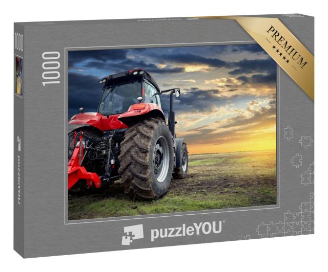 Puzzle 1000 Teile „Traktor bei Sonnenuntergang, moderner Traktor in Großaufnahme“