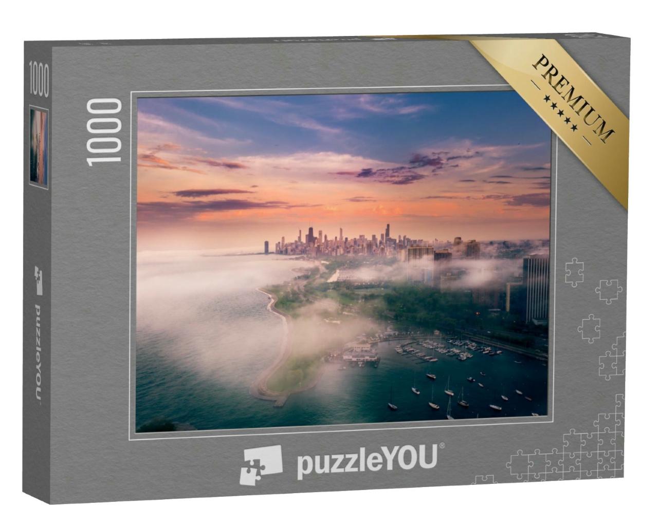 Puzzle 1000 Teile „Luftaufnahme: Chicago und Lake Michigan bei Nebel“
